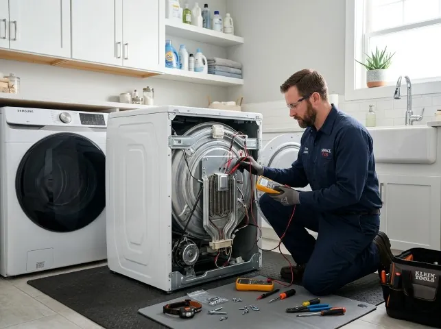 Appliance Repair Hero technician checking a dryer heating element with the rear panel off in Bridgeville, DE
