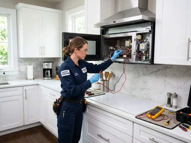 Appliance Repair Hero technician testing an over-the-range microwave in a Bridgeville, DE kitchen