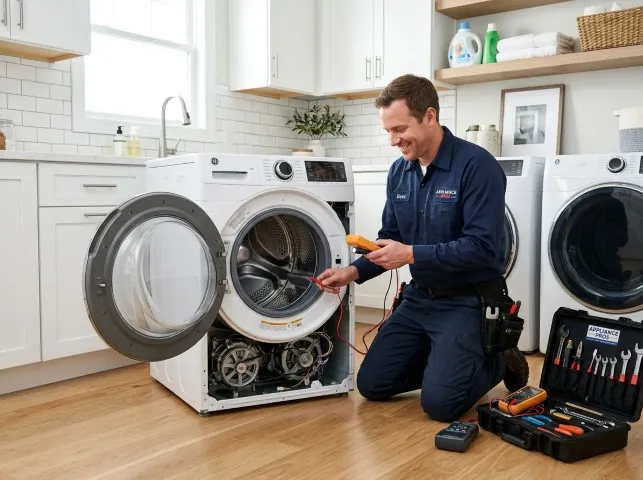 Appliance Repair Hero technician testing a front-load washer with a multimeter on a Bridgeville, DE service call